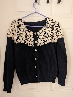 Vintage Inspired Lace Yoke Knit Cardigan With Embellished Buttons